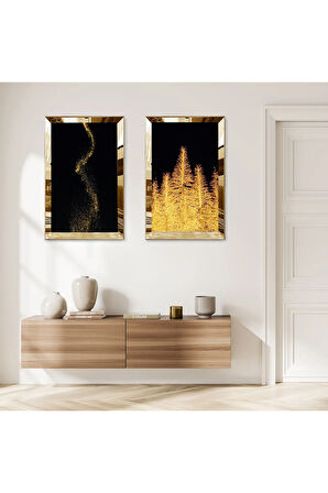 GOLD AYNALI PLEKSİ ÇERÇEVELİ SİYAH ARKA PLANLI ALTIN AĞAÇLAR VE ALTIN DESENLİ İKİLİ MDF TABLO SETİ