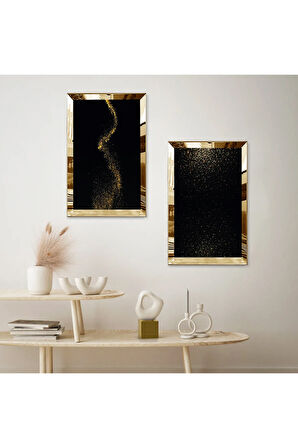 GOLD AYNALI PLEKSİ ÇERÇEVELİ SİYAH ARKA PLANLI ALTIN PIRILTI DESENLİ İKİLİ MDF TABLO SETİ