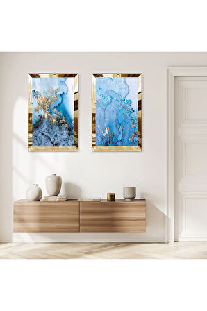 GOLD AYNALI PLEKSİ ÇERÇEVELİ MAVİ VE ALTIN SOYUT DESENLİ İKİLİ MDF TABLO SETİ