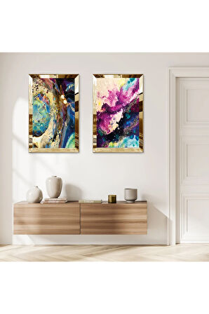 GOLD AYNALI PLEKSİ ÇERÇEVELİ SOYUT DEKORATİF DESENLİ İKİLİ MDF TABLO SETİ