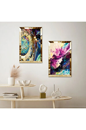 GOLD AYNALI PLEKSİ ÇERÇEVELİ SOYUT DEKORATİF DESENLİ İKİLİ MDF TABLO SETİ