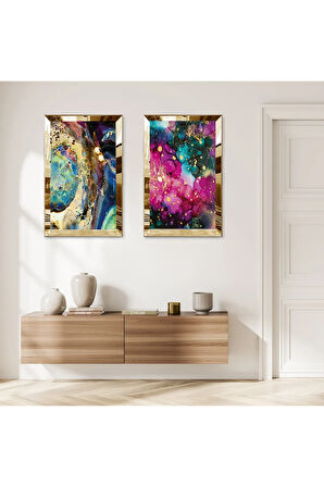 GOLD AYNALI PLEKSİ ÇERÇEVELİ SOYUT DESENLİ MODERN İKİLİ MDF TABLO SETİ