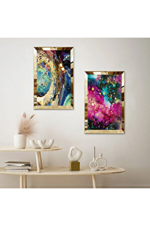 GOLD AYNALI PLEKSİ ÇERÇEVELİ SOYUT DESENLİ MODERN İKİLİ MDF TABLO SETİ