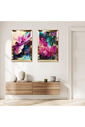 GOLD AYNALI PLEKSİ ÇERÇEVELİ RENKLİ ÜZERİ ALTIN PÜSKÜRTMELİ SOYUT DESENLİ İKİLİ MDF TABLO SETİ