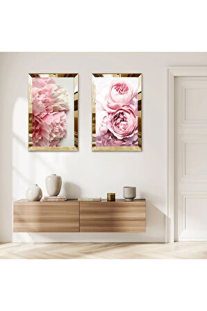 GOLD AYNALI PLEKSİ ÇERÇEVELİ BEYAZ PEMBE GÜLLER VE ÇİÇEKLER İKİLİ MDF TABLO SETİ