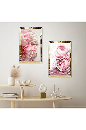 GOLD AYNALI PLEKSİ ÇERÇEVELİ BEYAZ PEMBE GÜLLER VE ÇİÇEKLER İKİLİ MDF TABLO SETİ