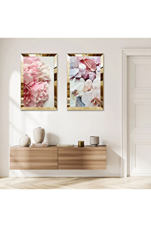 GOLD AYNALI PLEKSİ ÇERÇEVELİ BEYAZ VE PEMBE ÇİÇEKLER İKİLİ MDF TABLO SETİ