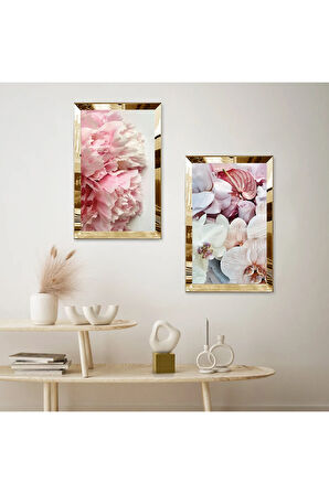 GOLD AYNALI PLEKSİ ÇERÇEVELİ BEYAZ VE PEMBE ÇİÇEKLER İKİLİ MDF TABLO SETİ