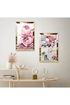 GOLD AYNALI PLEKSİ ÇERÇEVELİ BEYAZ PEMBE ÇİÇEKLER VE GÜLLER İKİLİ MDF TABLO SETİ