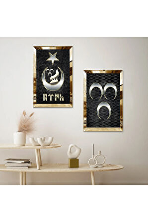 GOLD AYNALI PLEKSİ ÇERÇEVELİ GRİ ARKA PLANLI GÜMÜŞ 3 HİLAL VE AY YILDIZ BOZKURT İKİLİ MDF TABLO SETİ