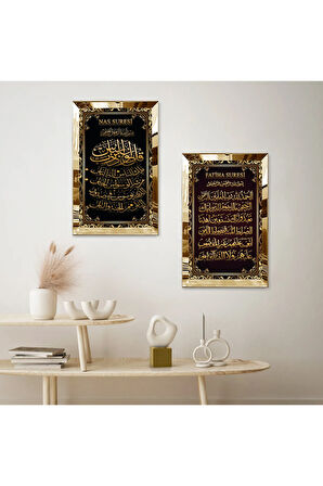 GOLD AYNALI PLEKSİ ÇERÇEVELİ NAS SURESİ VE FATİHA SURESİ DİNİ İKİLİ MDF TABLO SETİ