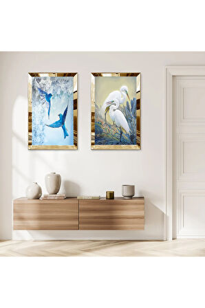 GOLD AYNALI PLEKSİ ÇERÇEVELİ MAVİ KUŞLAR VE BEYAZ LEYLEKLER İKİLİ MDF TABLO SETİ