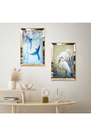 GOLD AYNALI PLEKSİ ÇERÇEVELİ MAVİ KUŞLAR VE BEYAZ LEYLEKLER İKİLİ MDF TABLO SETİ