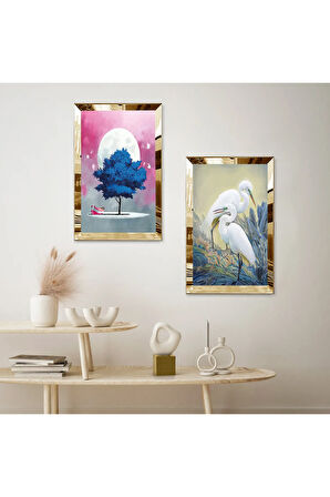 GOLD AYNALI PLEKSİ ÇERÇEVELİ BEYAZ LEYLEKLER VE DOLUNAY ARKA PLANLI MAVİ AĞAÇ İKİLİ MDF TABLO SETİ
