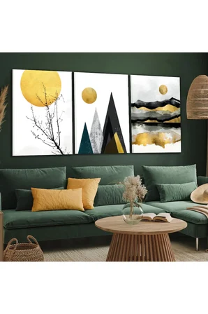 3'lü Kanvas 50 X 70 Cm Sarı Beyaz Renk Modern Tablo