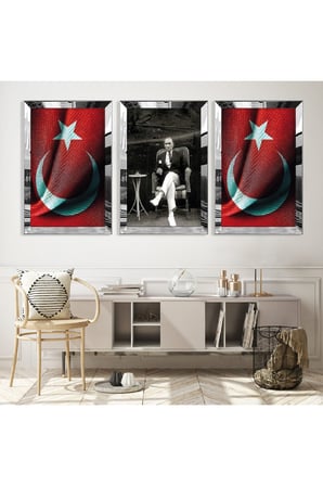 Gümüş Aynalı Pleksi Çerçeveli Türk Bayrağı Ve Atatürk Üçlü Mdf Tablo Seti