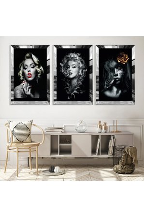 Gümüş Aynalı Pleksi Çerçeveli Marilyn Monroe Üçlü Mdf Tablo Seti