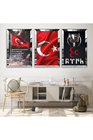 Gümüş Aynalı Pleksi Çerçeveli Türk Üçlü Mdf Tablo Seti