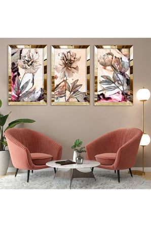 Soyut Desen Çiçek Gold Pleksi Kenar Üçlü Mdf Tablo Seti