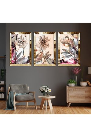 Soyut Desen Çiçek Gold Pleksi Kenar Üçlü Mdf Tablo Seti