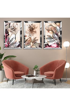 Soyut Desen Çiçek Gold Pleksi Kenar Üçlü Mdf Tablo Seti