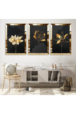 Soyut Desen Çiçek Gold Pleksi Kenar Üçlü Mdf Tablo Seti