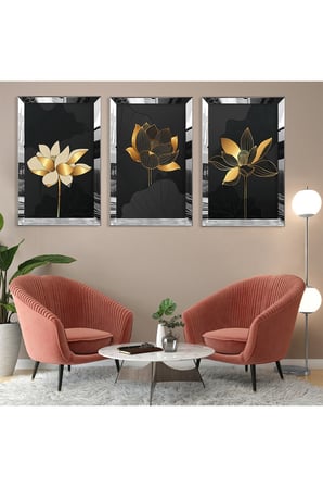Soyut Desen Çiçek Gold Pleksi Kenar Üçlü Mdf Tablo Seti