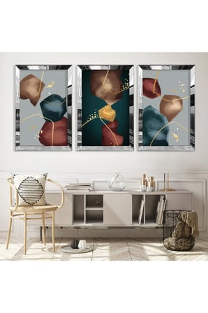 Gümüş Aynalı Pleksi Çerçeveli Minimalist Üçlü Soyut Desen Üçlü Mdf Tablo Seti