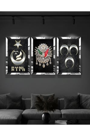 Zevahir Mobilya Osmanlı Tuğrası 3'lü Çerçeveli Tablo Seti Gümüş Aynalı Pleksi MDF 20x28 cm