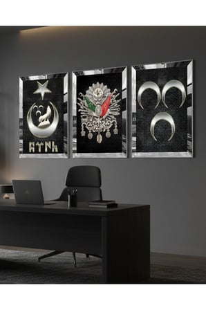 Zevahir Mobilya Osmanlı Tuğrası 3'lü Çerçeveli Tablo Seti Gümüş Aynalı Pleksi MDF 20x28 cm