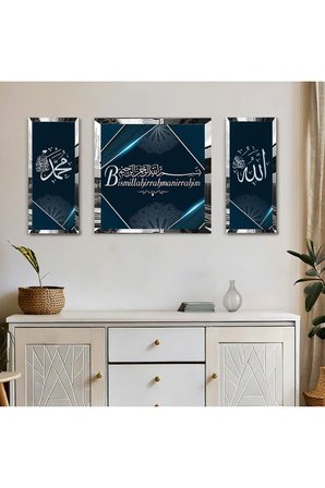 Gümüş Aynalı Pleksi Çerçeveli Mavi Arka Planlı Allah Muhammed Lafzı Ve Besmele Kare Tablo Seti