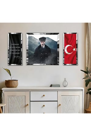 Gümüş Aynalı Pleksi Çerçeveli Atatürk Türk Bayrağı Ve Gazi Mustafa Kemal Imzası Kare Tablo Seti