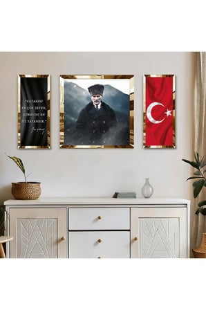 Gold Aynalı Pleksi Çerçeveli Atatürk Türk Bayrağı Ve Gazi Mustafa Kemal Imzası Kare Tablo Seti