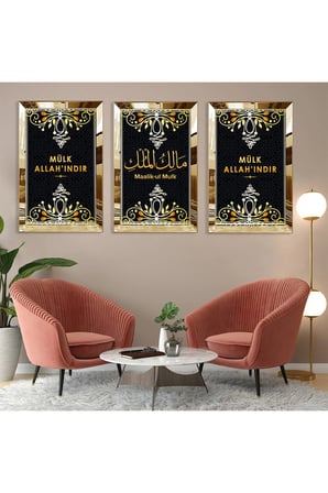 Gold Aynalı Pleksi Çerçeveli Malikül Mülk Dini Üçlü Mdf Tablo Seti