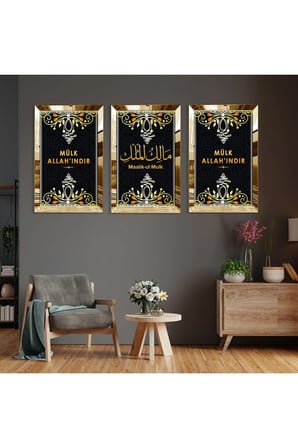 Gold Aynalı Pleksi Çerçeveli Malikül Mülk Dini Üçlü Mdf Tablo Seti