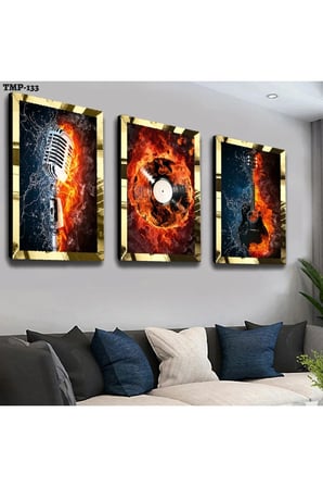 Gold Aynalı Pleksi Çerçeveli Alev Müzik Üçlü Mdf Tablo Seti