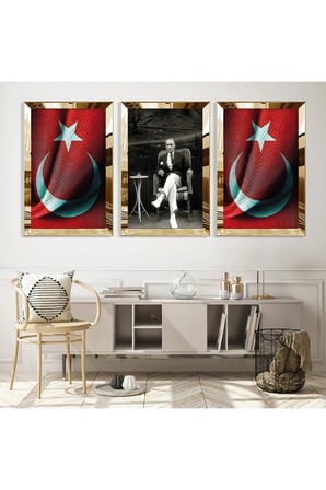 Gold Aynalı Pleksi Çerçevel Türk Bayrağı Ve Atatürk Üçlü Mdf Tablo Seti