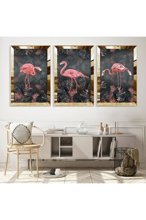 Gold Aynalı Pleksi Çerçeveli Flamingo Üçlü Mdf Tablo Seti