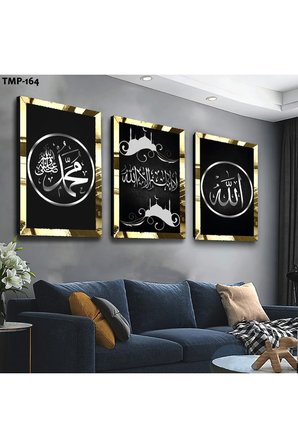 Gold Aynalı Pleksi Çerçeveli Hz Muhammed Ve Allah Lafzı Dini Üçlü Mdf Tablo Seti