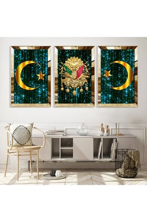 Gold Aynalı Pleksi Çerçeveli Turkuaz Osmanlı Tuğrası Üçlü Mdf Tablo Seti