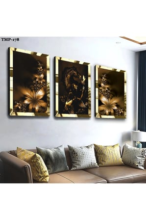 Gold Aynalı Pleksi Çerçeveli Çiçek Üçlü Mdf Tablo Seti