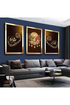 Gold Aynalı Pleksi Çerçeveli Osmanlı Tuğrası Ve Elif Vav Üçlü Mdf Tablo Seti