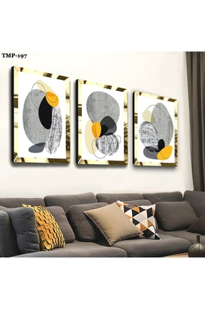 Gold Aynalı Pleksi Çerçeveli Kolaj Çizim Üçlü Mdf Tablo Seti