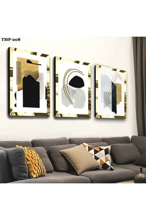 Gold Aynalı Pleksi Çerçeveli Kolaj Çizim Üçlü Mdf Tablo Seti