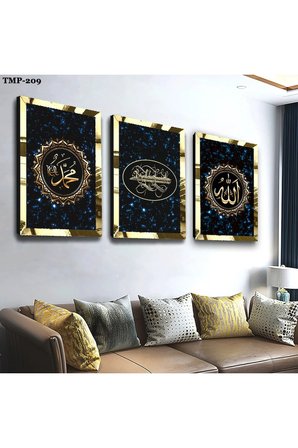 Gold Aynalı Pleksi Çerçeveli Hz Muhammed Ve Allah Lafzı Dini Üçlü Mdf Tablo Seti
