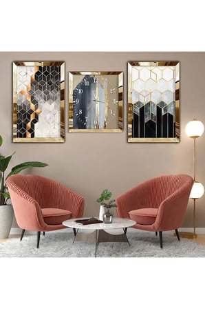 Gold Pleksi Kenar Üçlü Mdf Tablo Seti Saat Seti