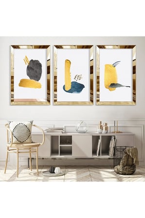 Soyut Desen Şekiller Gold Pleksi Kenar Üçlü Mdf Tablo Seti