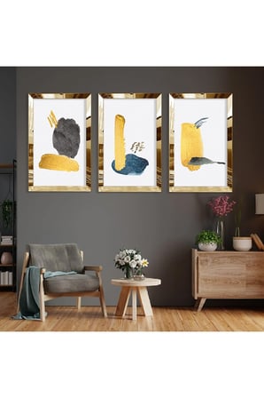 Soyut Desen Şekiller Gold Pleksi Kenar Üçlü Mdf Tablo Seti