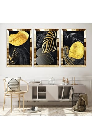 Soyut Desen Yaprak Gold Pleksi Kenar Üçlü Mdf Tablo Seti