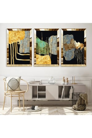 Soyut Desen Yaprak Gold Pleksi Kenar Üçlü Mdf Tablo Seti